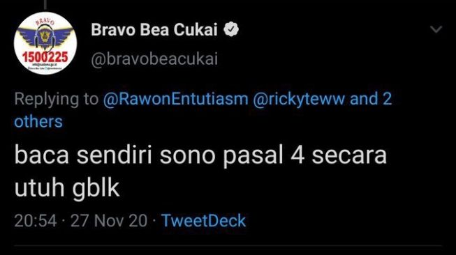 Viral Akun Twitter Bravo Bea Cukai Minta Maaf Usai Ngatain Warganet 'Gblk'