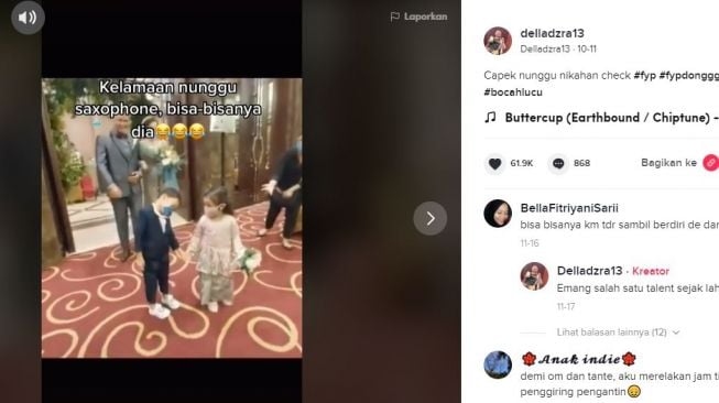 Bocah cilik tidur saat jadi pengiring pengantin. (TikTok/@delladzra13)