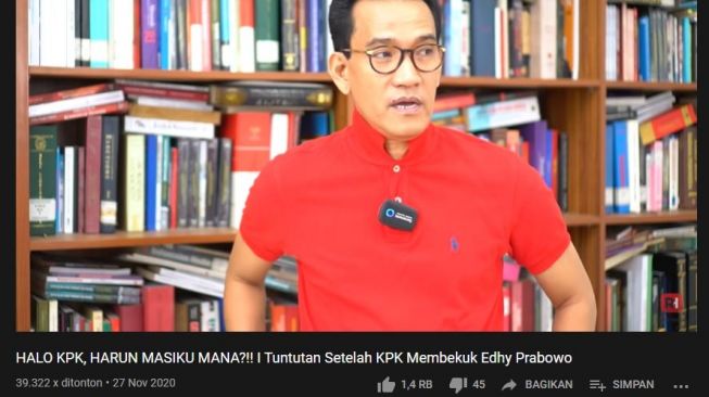 Refly Harun soal KPK yang menangkap Edhy Prabowo. (YouTube/Refly Harun)