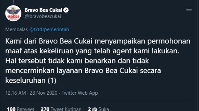 Permintaan maaf akun Bravo Bea Cukai. (Twitter/@bravobeacukai)