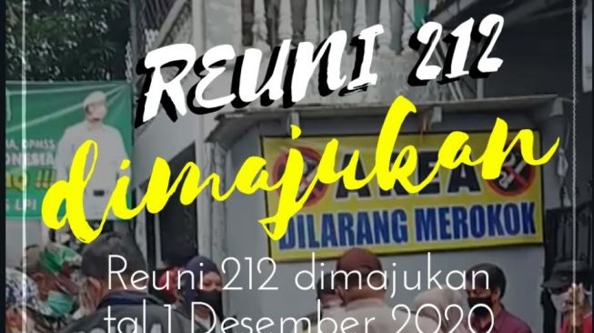 Poster seruan reuni 212 di Polda Metro Jaya, Jakarta pada (1/12/2020) besok bertepatan dengan pemeriksaan pemimpin FPI Rizieq Shihab. [Ist]