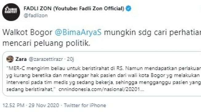 Fadli Zon sindir Bima arya caper (Twitter/fadlizon)