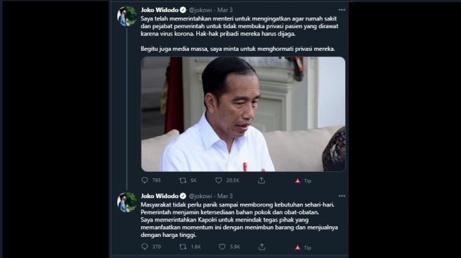 Cuitan Twitter Jokowi soal privasi pasien. (Twitter/@jokowi)