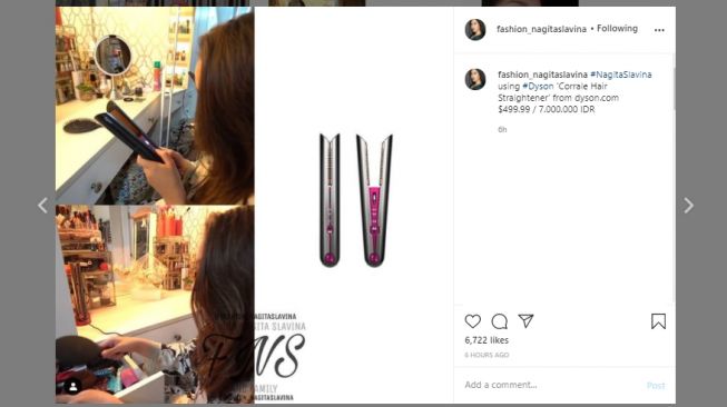 Nagita Slavina pakai catok rambut seharga Rp7 juta. (Instagram/@fashion_nagitaslavina)