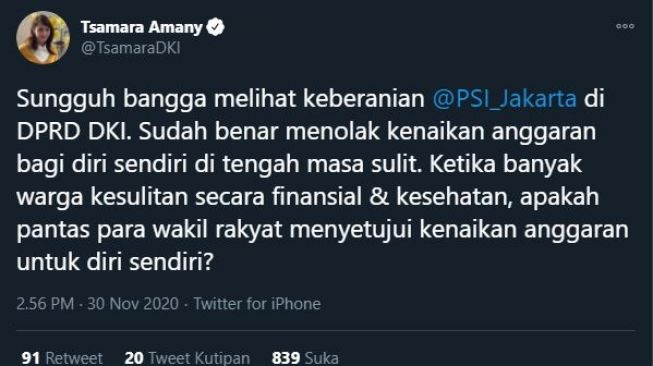 Tsamara soal kenaikan gaji DPRD. (Twitter/@TsamaraDKI)