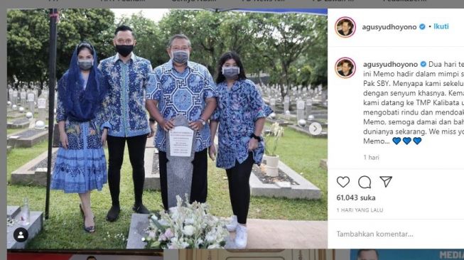 SBY dan AHY berziarah ke makam Almh. Ani Yudhoyono. (Instagram/@agusyudhoyono)