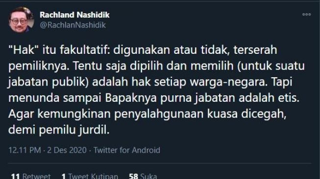 Rachland Nashidik menyindir Gibran Rakabuming dengan cuitan di jejaring media sosial Twitternya @RachlandNashidik, Rabu (2/12/2020).