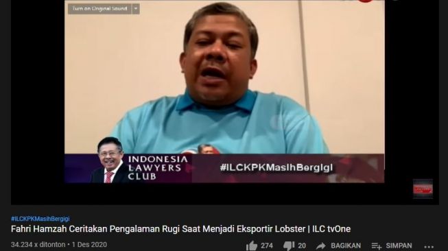 Fahri Hamzah soal ekspor benih lobster. (YouTube/Indonesia Lawyers Club)