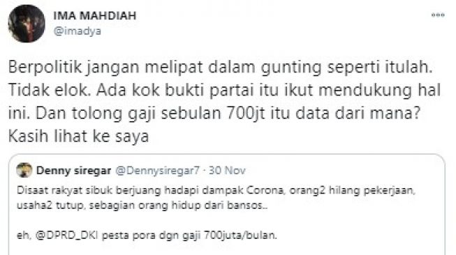 Komentar Ima Mahdiah soal gaji DPRD DKI Jakarta Rp 700 juta/bulan (Twitter/imadya)