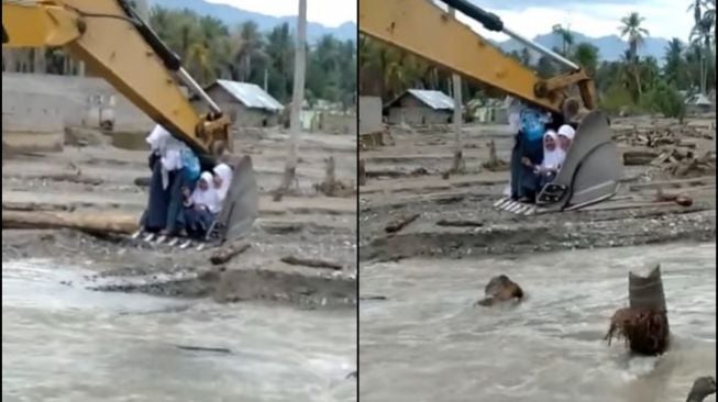 Masya Allah, Anak SMA Ini Sebrangi Sungai dengan Ekskavator demi Sekolah