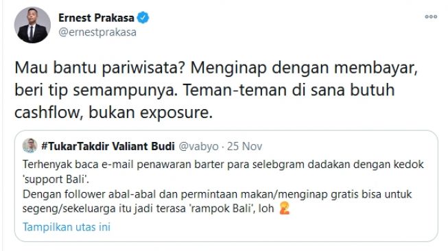 Cuitan Ernest Prakasa menanggapi Selebgram minta liburan gratis