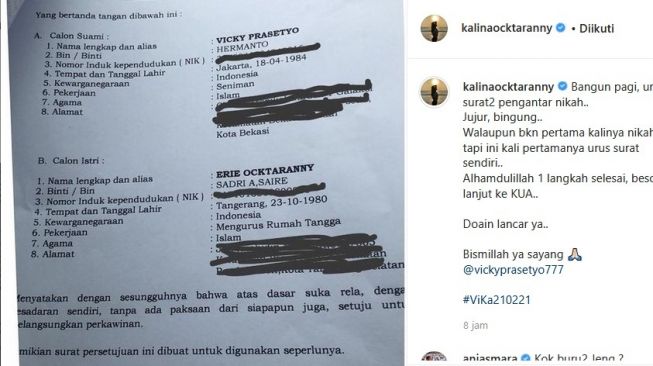 Kalina Oktarani pamer foto surat pengantar nikah dengan Vicky Prasetyo. [Instagram]