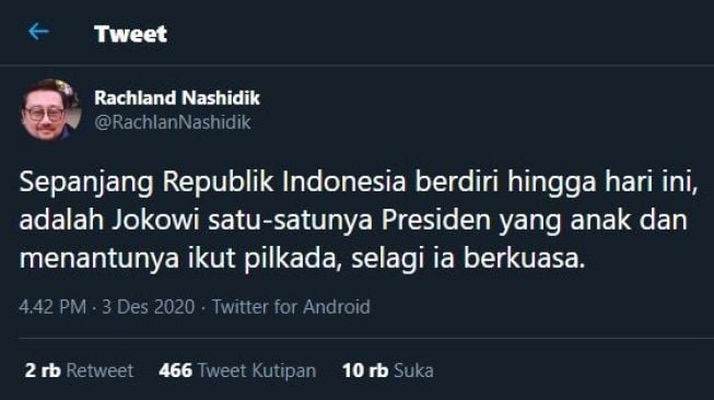 Rachland: Bersejarah, Cuma Jokowi yang Anak dan Menantu Ikut Pilkada