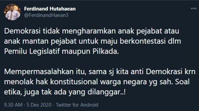 Cuitan Ferdinand Hutahaean. (Twitter/Ferdinand Hutahean)