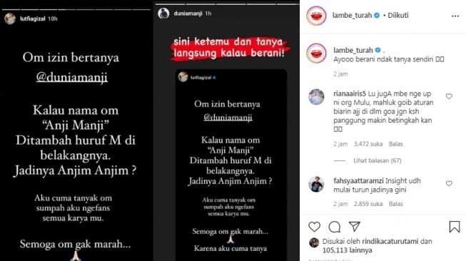 Unggahan soal Lutfi Agizal ]Instagram/@lambe_turah]