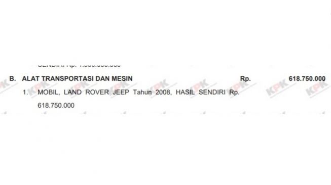 Laporan Harta kekayaan Juliari P Batubara berupa alat transportasi dan mesin (E-LHKPN)