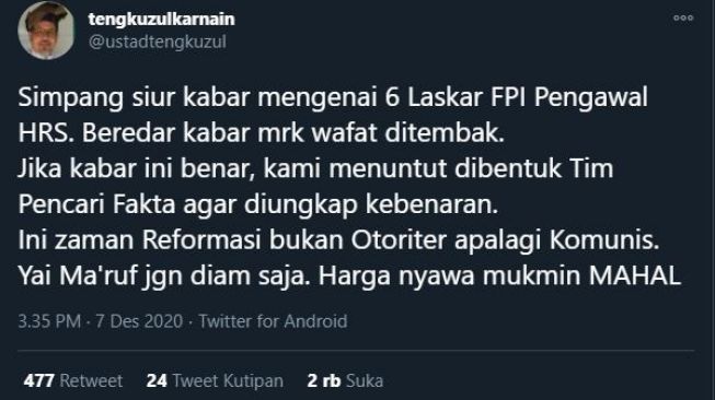 Cuitan Tengku Zul soal FPI. (Twitter/@ustadtengkuzul)