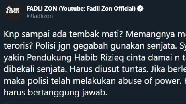 Cuitan Fadli Zon. (Twitter/FadliZon)