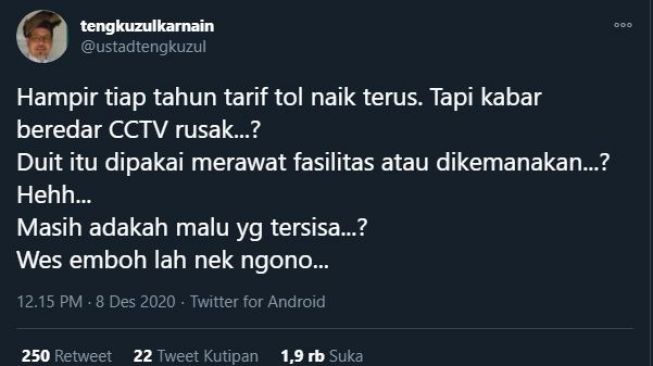 Tengku Zul soal CCTV mati. (Twitter/@ustadtengkuzul)