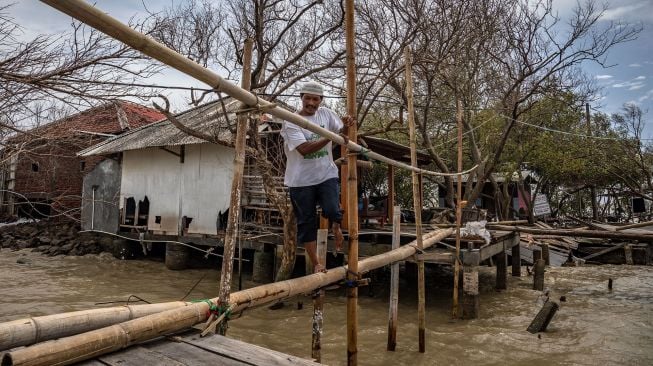 Seorang warga meniti jembatan bambu darurat akibat jalan utama hancur diterjang ombak di Desa Bedono, Sayung, Demak, Jawa Tengah, Selasa (8/12/2020). [ANTARA FOTO/Aji Styawan]
