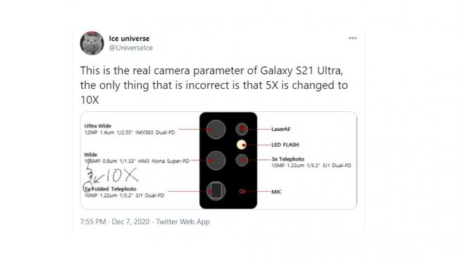 Bocoran kamera Samsung Galaxy S21 Ultra. [Twitter]