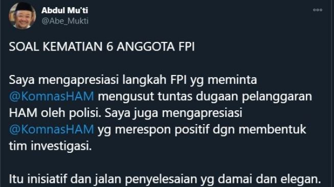 Tanggapan Sekretaris PP Muhammadiyah soal FPI vs Polisi. (Twitter/@Abe_Mukti)