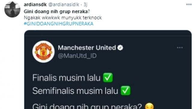 Ledekan warganet usai Manchester United gagal lolos dari fase grup Liga Champions. (Twitter/@ardianasidik).