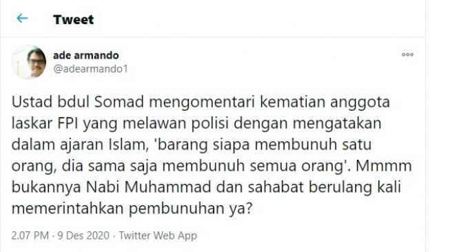 Akademisi Universitas Indonesia Ade Armando mengomentari pernyataan Ustaz Abdul Somad atau Ustaz Somad soal Laskar FPI ditembak mati saat mengawal Habib Rizieq Shihab pulang dari pengajian. 