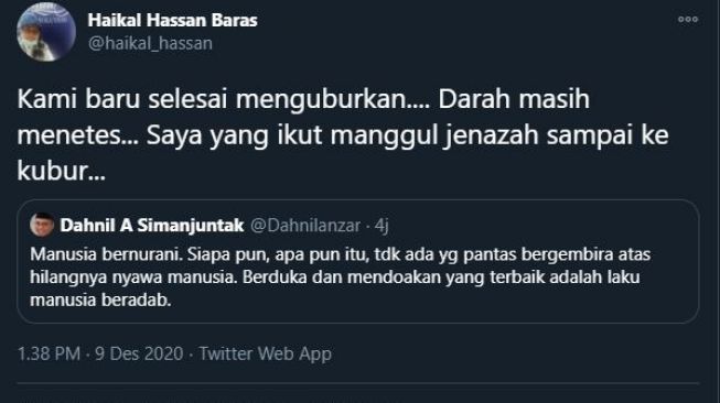 Babe Haikal soal FPI yang tewas tertembak. (Twitter/@haikal_hassan)