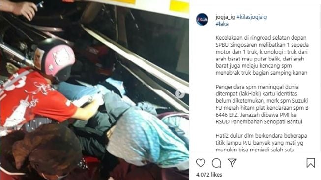 Tabrak Truk Putar Balik, Seorang Pengendara Sepeda Motor Tewas di Tempat