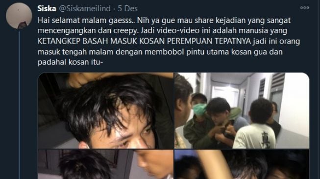 Utasan Siska tentang pelaku yang nekat masuk ke kos perempuan berkali-kali(twitter.com/Siskameilind)