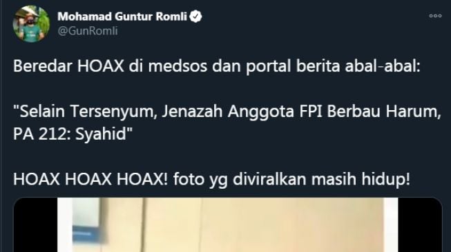 Cuitan Guntur Romli komentari kabar jenazah anggota FPI berbau harum (Ist)