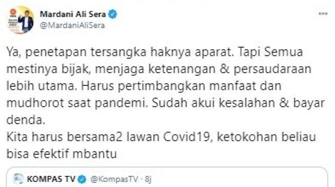 Mardani soal penetapan status tersangka Rizieq (Twitter/mardanialisera)