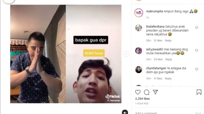 Kaesang menanggapi anak DPR sombong di TikTok. - (Instagram/@makrumpita)