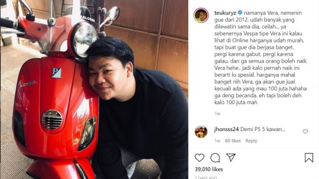 Eks personil dari Coboy Junior, Teuku Ryzki siap melego Vespa miliknya dengan harga fantastis (Instagram)