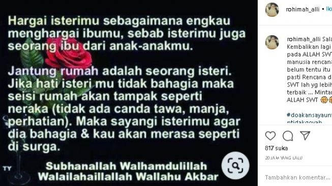 Postingan istri pertama Kiwil. (Instagram/@rohimah_alli)