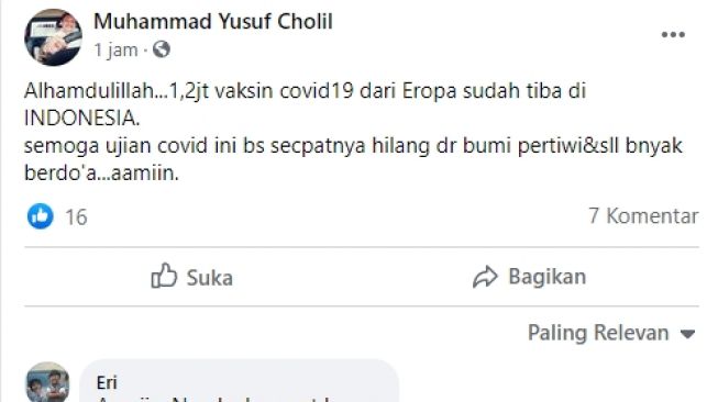 Status Facebook klaim vaksin Covid-19 dari Eropa