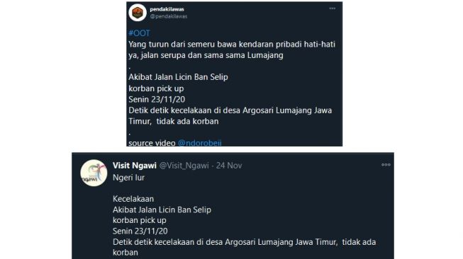 Cuitan dari akun Twitter @Pendakilawas dan @Visit_ngawi