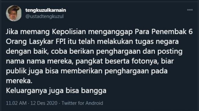 Cuitan Tengku Zul minta identita spenembak anggota FPI diungkap (Twitter)