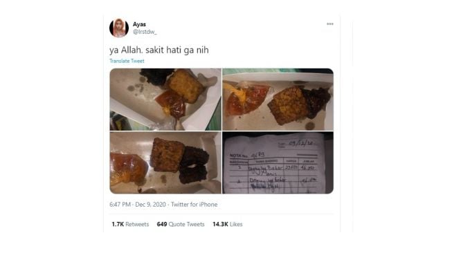 Curhatan warganet beli iga tidak sesuai ekspektasi. [Twitter]