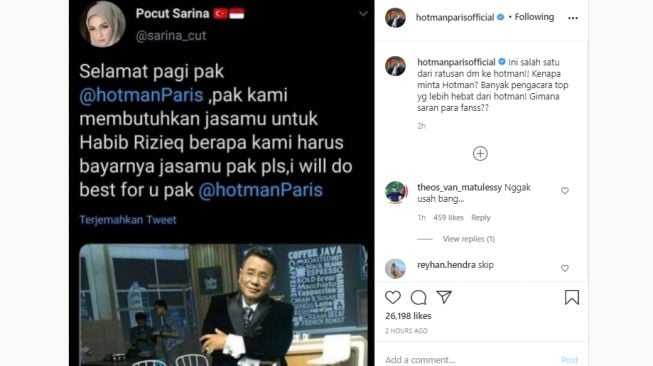 Jawaban Hotman Paris saat diminta tangani kasus Rizieq Shihab. (Instagram/@hotmanparisofficial)