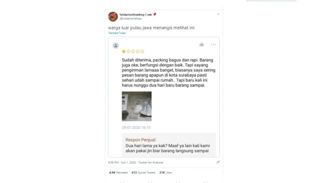 Postingan warganet isi pesan di belanja online. [Twitter]