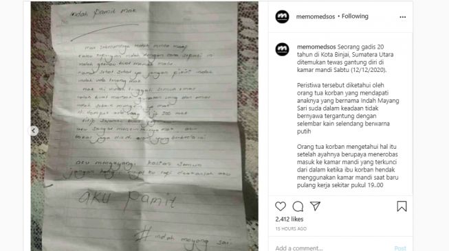 Viral Surat Wasiat Gadis Binjai Sebelum Akhiri Hidup, Kasih Emas ke Ibu