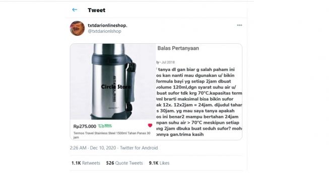 Postingan warganet beli termos, pertanyaannya mirip soal Fisika. [Twitter]