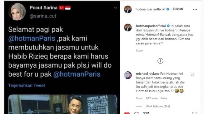 Pengacara Hotman Paris diminta bantuan oleh pendukung FPI. (Instagram/@hotmanparisofficial)