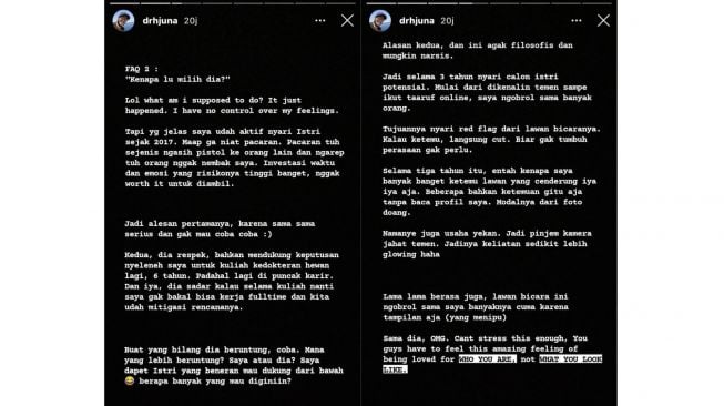 Instastory Juna tentang kekasih (instagram.com/drhjuna)