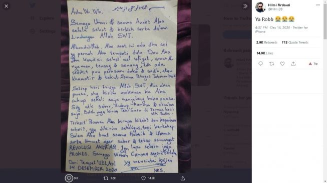 Surat Habib Rizieq dari dalam penjara - (Twitter/@Hilmi28)