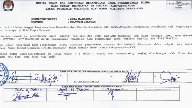 Satu Anggota KPU dan Saksi Tidak Tanda Tangan Berita Acara Pilkada Makassar