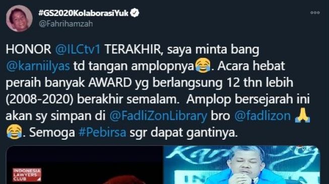 Honor Fahri Hamzah di ILC. (Twitter/Fahrihamzah)