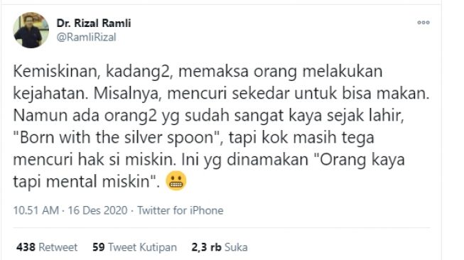 Rizal Ramli: Orang Kaya yang Mengambil Hak Orang Itu Bermental Miskin